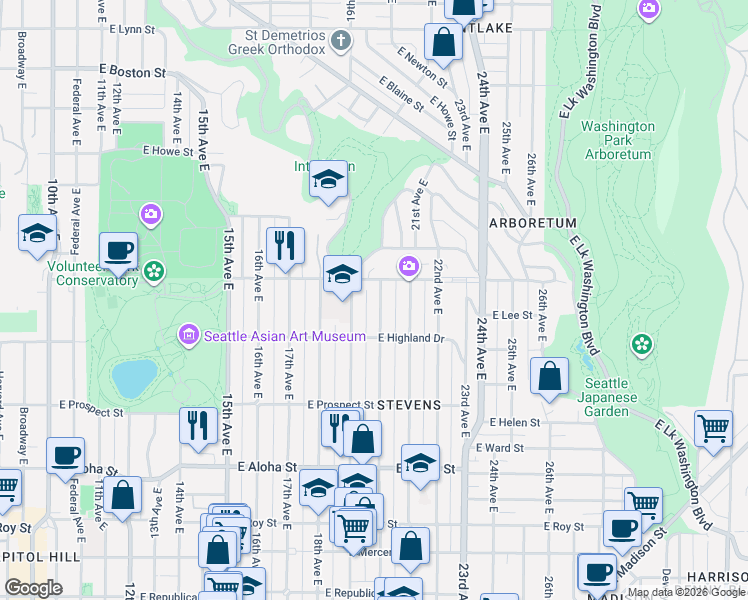 map of restaurants, bars, coffee shops, grocery stores, and more near 1212 19th Avenue East in Seattle