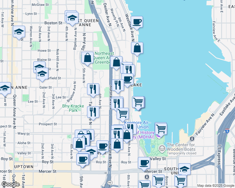 map of restaurants, bars, coffee shops, grocery stores, and more near 1320 Aurora Avenue North in Seattle