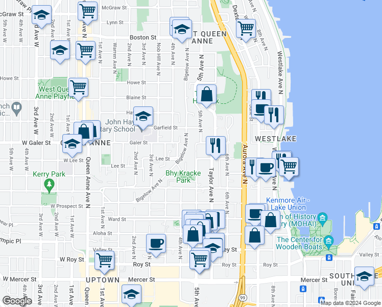 map of restaurants, bars, coffee shops, grocery stores, and more near 1231 5th Avenue North in Seattle
