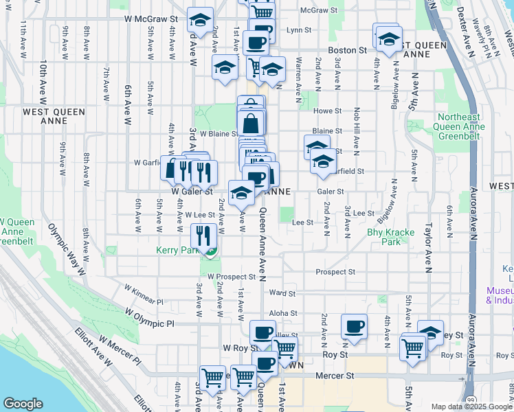 map of restaurants, bars, coffee shops, grocery stores, and more near in Seattle