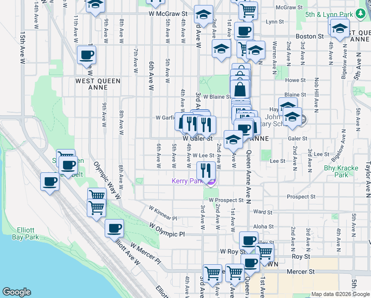 map of restaurants, bars, coffee shops, grocery stores, and more near 411 West Lee Street in Seattle