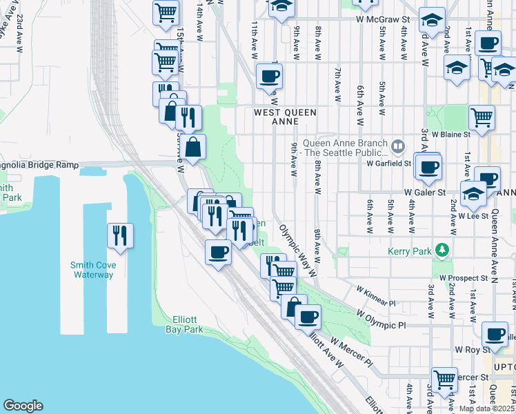 map of restaurants, bars, coffee shops, grocery stores, and more near 1015 West Lee Street in Seattle