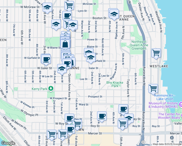 map of restaurants, bars, coffee shops, grocery stores, and more near 161 Lee Street in Seattle