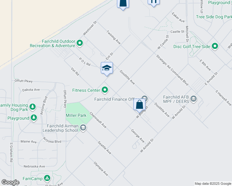 map of restaurants, bars, coffee shops, grocery stores, and more near West Castle Street in Fairchild Air Force Base