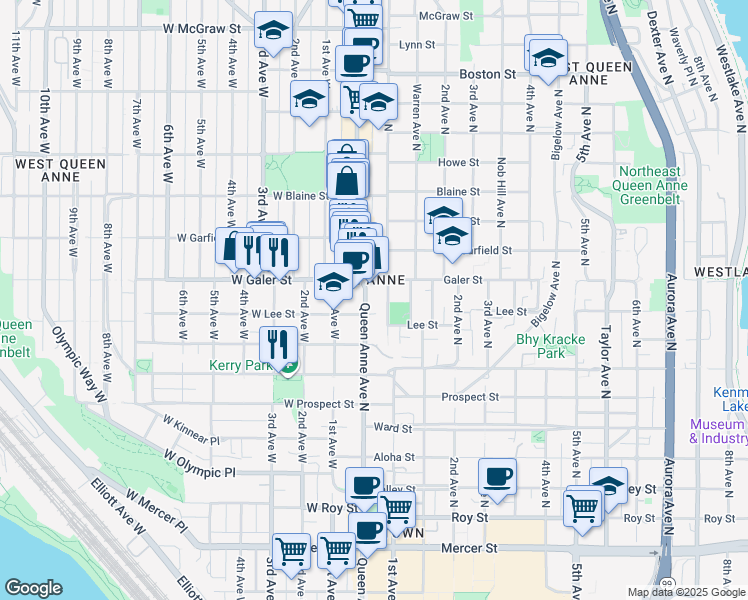 map of restaurants, bars, coffee shops, grocery stores, and more near in Seattle