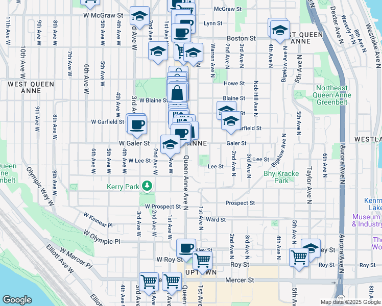 map of restaurants, bars, coffee shops, grocery stores, and more near 1525 Queen Anne Avenue North in Seattle