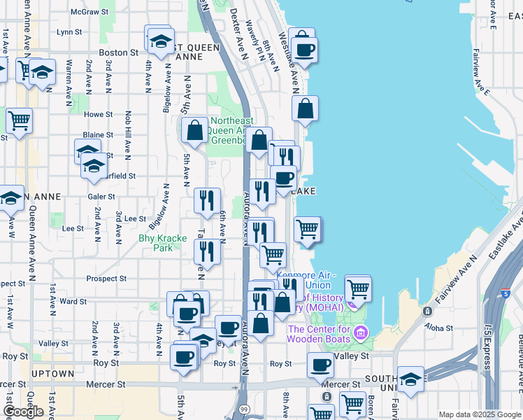 map of restaurants, bars, coffee shops, grocery stores, and more near 1405 Dexter Avenue North in Seattle