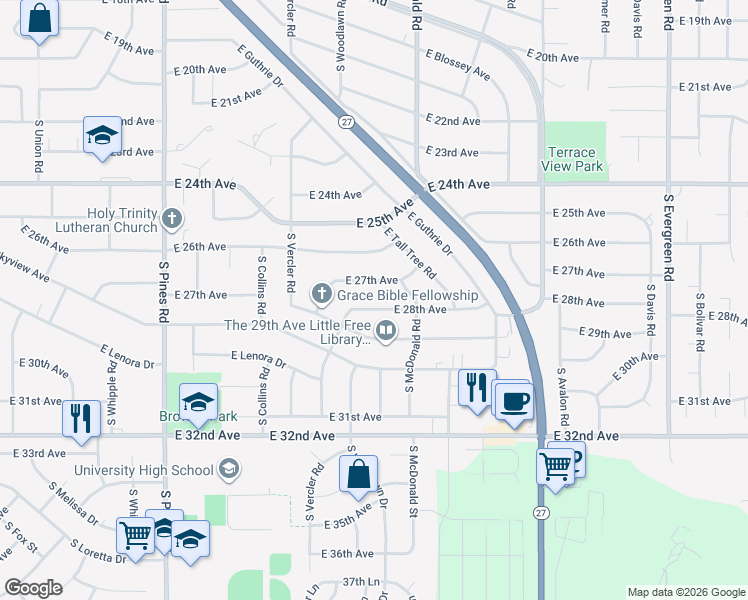map of restaurants, bars, coffee shops, grocery stores, and more near 12915 East 27th Avenue in Spokane Valley