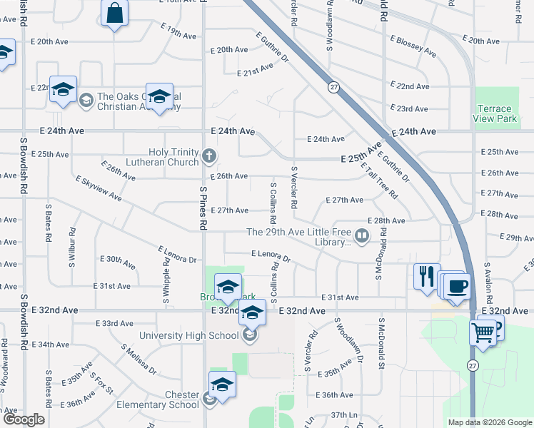 map of restaurants, bars, coffee shops, grocery stores, and more near 2621 South Collins Road in Spokane Valley