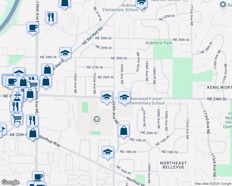 map of restaurants, bars, coffee shops, grocery stores, and more near 2507 165th Avenue Northeast in Bellevue