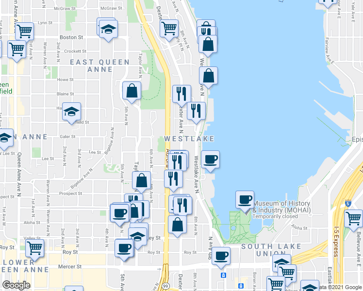 map of restaurants, bars, coffee shops, grocery stores, and more near 1511 Dexter Avenue North in Seattle