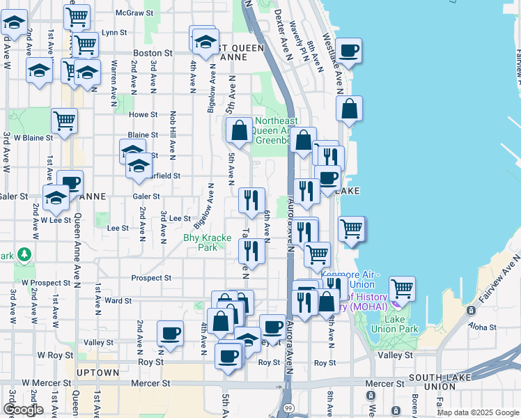 map of restaurants, bars, coffee shops, grocery stores, and more near in Seattle