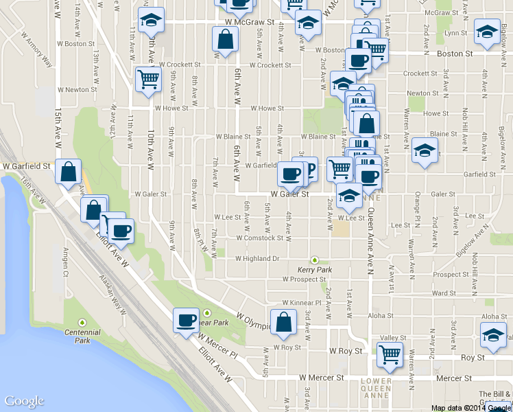 map of restaurants, bars, coffee shops, grocery stores, and more near 1503 5th Avenue West in Seattle