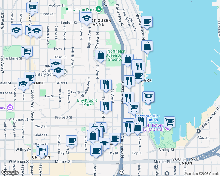 map of restaurants, bars, coffee shops, grocery stores, and more near in Seattle