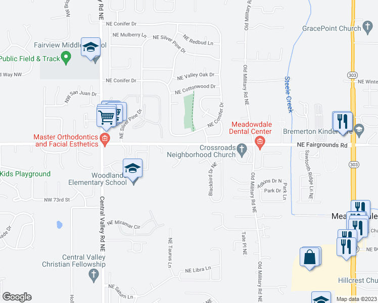 map of restaurants, bars, coffee shops, grocery stores, and more near 7594 Falcon Place Northeast in Bremerton
