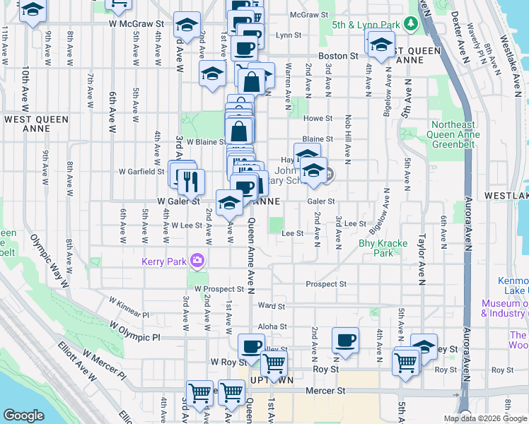 map of restaurants, bars, coffee shops, grocery stores, and more near 1415 1st Avenue North in Seattle