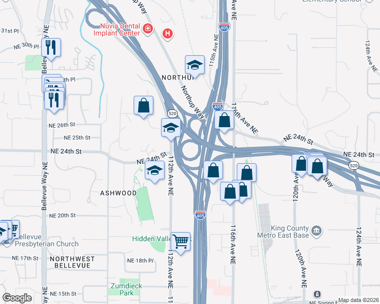 map of restaurants, bars, coffee shops, grocery stores, and more near State Highway 520 in Bellevue