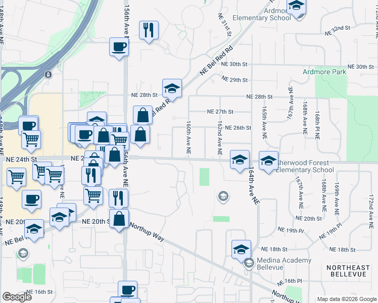 map of restaurants, bars, coffee shops, grocery stores, and more near 2438 160th Avenue Northeast in Bellevue