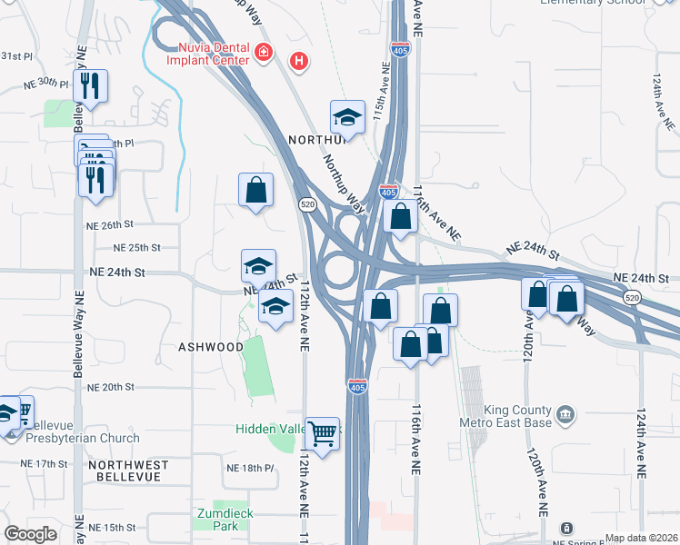 map of restaurants, bars, coffee shops, grocery stores, and more near State Highway 520 in Bellevue