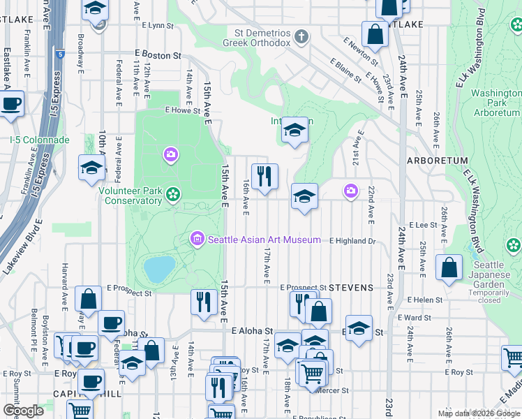 map of restaurants, bars, coffee shops, grocery stores, and more near 1501 17th Avenue East in Seattle