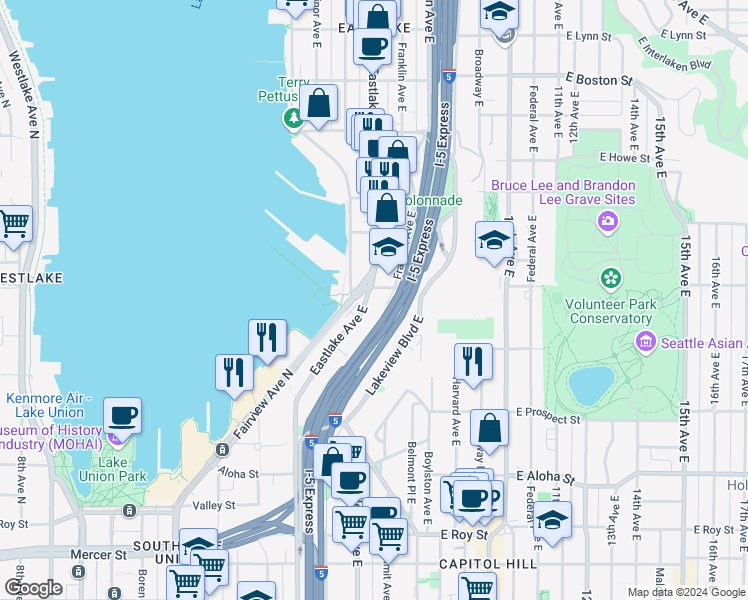 map of restaurants, bars, coffee shops, grocery stores, and more near 1500 Fairview Avenue East in Seattle