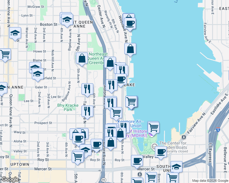 map of restaurants, bars, coffee shops, grocery stores, and more near in Seattle