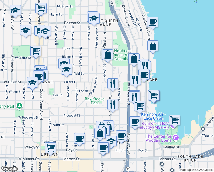 map of restaurants, bars, coffee shops, grocery stores, and more near in Seattle