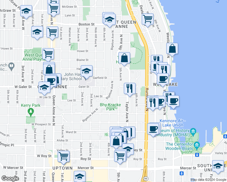 map of restaurants, bars, coffee shops, grocery stores, and more near in Seattle