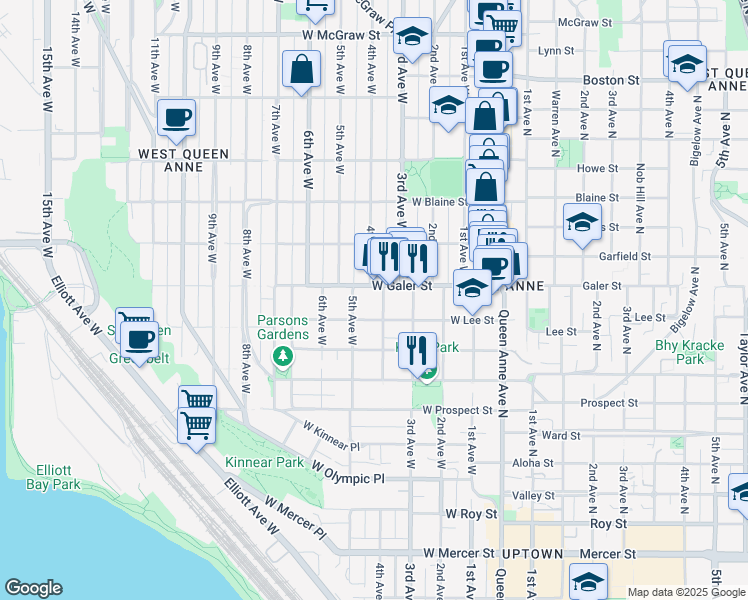 map of restaurants, bars, coffee shops, grocery stores, and more near 402 West Galer Street in Seattle