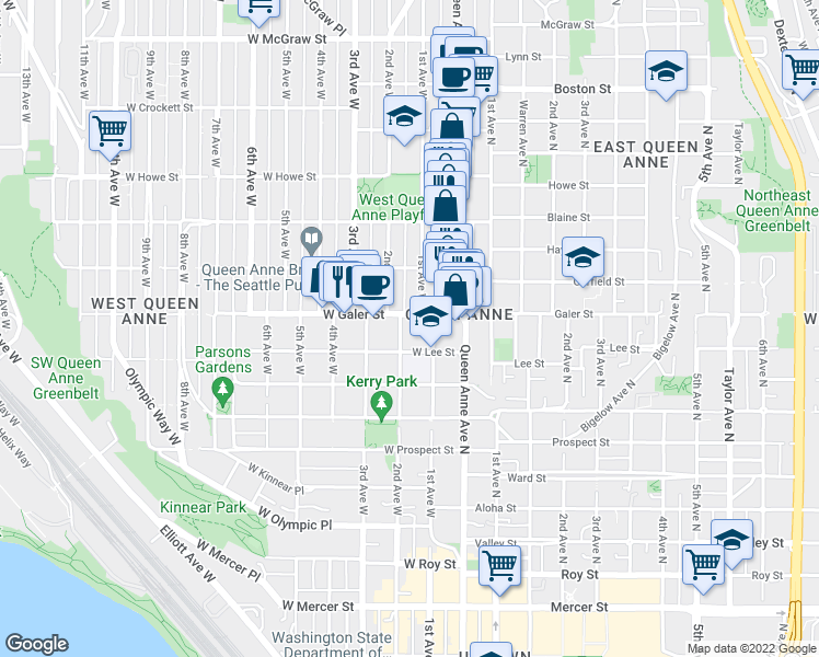 map of restaurants, bars, coffee shops, grocery stores, and more near 1418 2nd Avenue North in Seattle