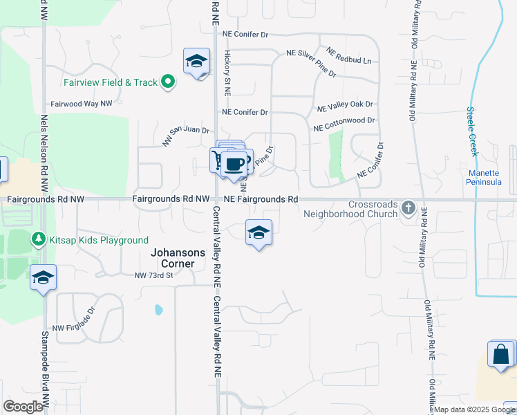 map of restaurants, bars, coffee shops, grocery stores, and more near 253 Northeast Fairgrounds Road in Bremerton