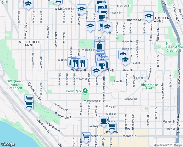map of restaurants, bars, coffee shops, grocery stores, and more near 1418 2nd Avenue North in Seattle