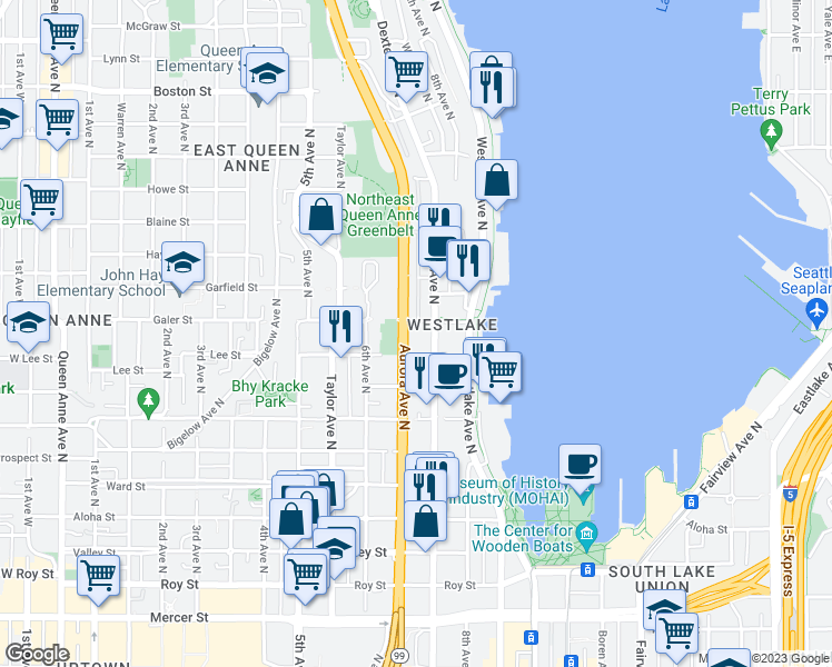 map of restaurants, bars, coffee shops, grocery stores, and more near in Seattle