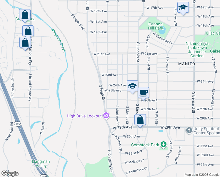map of restaurants, bars, coffee shops, grocery stores, and more near 1124 West 25th Avenue in Spokane