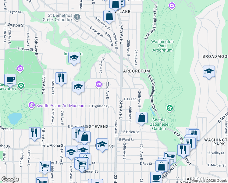 map of restaurants, bars, coffee shops, grocery stores, and more near 1259 23rd Avenue East in Seattle