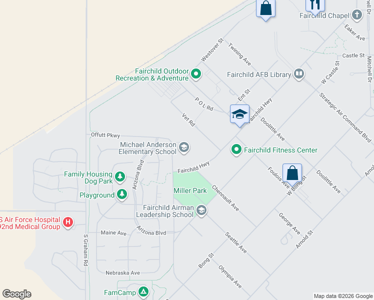 map of restaurants, bars, coffee shops, grocery stores, and more near Offutt Parkway in Fairchild Air Force Base