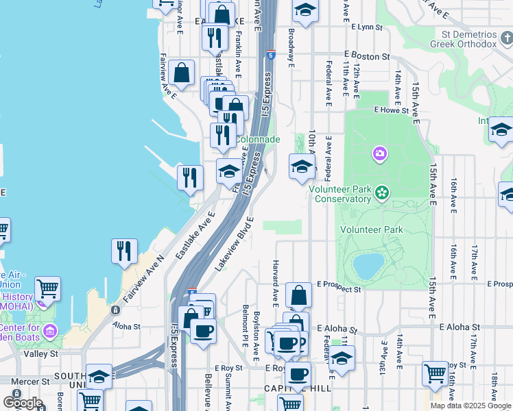 map of restaurants, bars, coffee shops, grocery stores, and more near 1338 Lakeview Boulevard East in Seattle