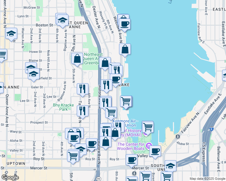 map of restaurants, bars, coffee shops, grocery stores, and more near in Seattle