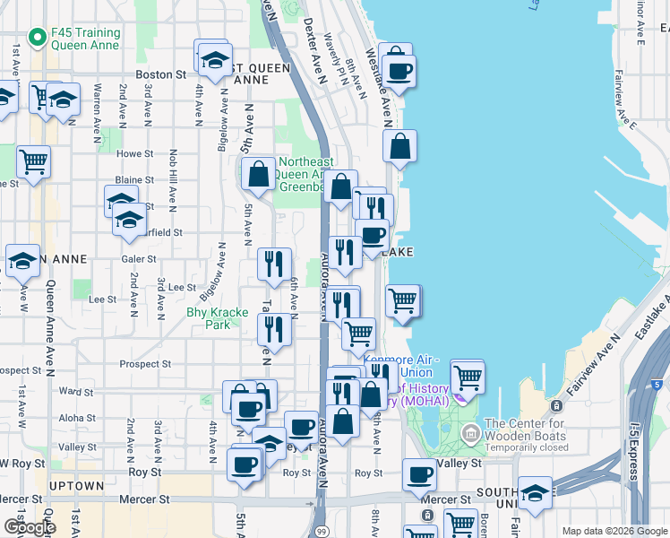 map of restaurants, bars, coffee shops, grocery stores, and more near in Seattle