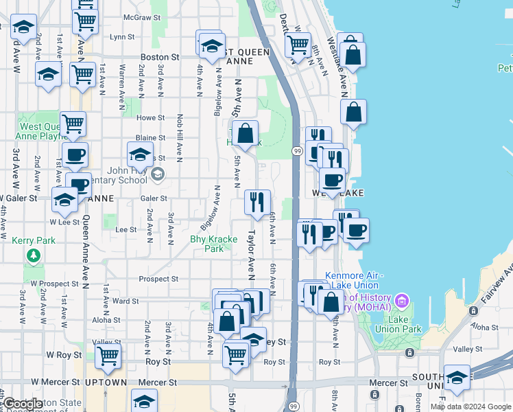 map of restaurants, bars, coffee shops, grocery stores, and more near in Seattle