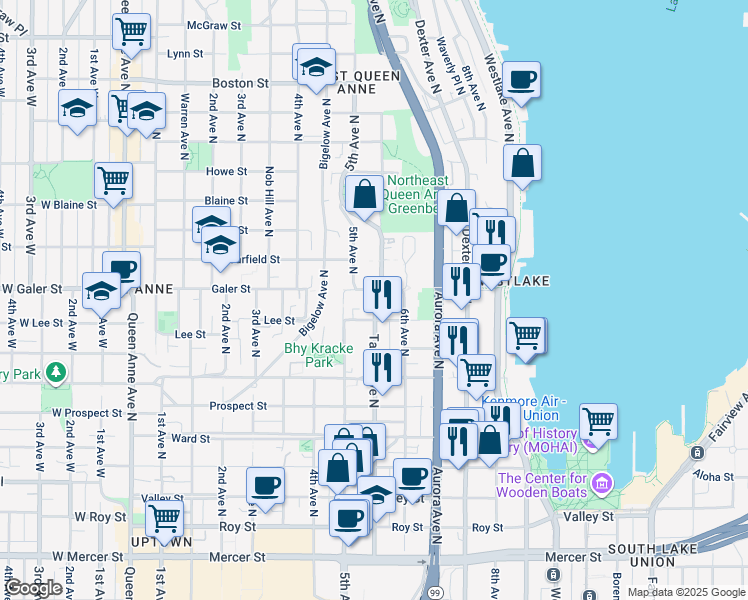 map of restaurants, bars, coffee shops, grocery stores, and more near in Seattle