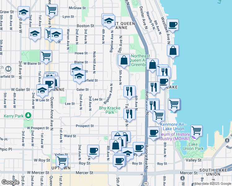 map of restaurants, bars, coffee shops, grocery stores, and more near in Seattle