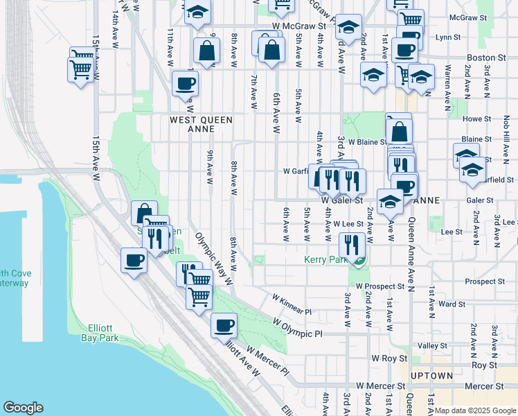 map of restaurants, bars, coffee shops, grocery stores, and more near 606 West Galer Street in Seattle
