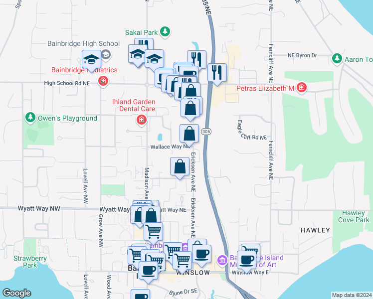 map of restaurants, bars, coffee shops, grocery stores, and more near 901 Hildebrand Lane Northeast in Bainbridge Island