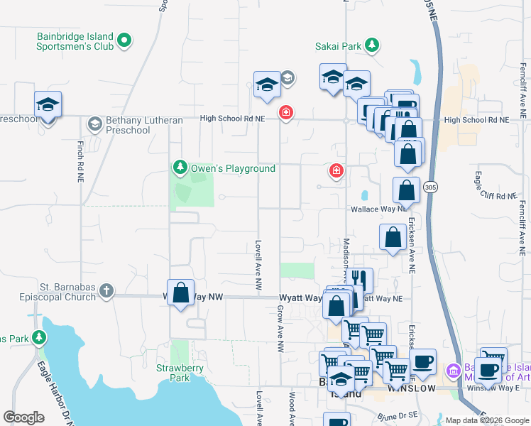 map of restaurants, bars, coffee shops, grocery stores, and more near 950 Lovell Avenue Northwest in Bainbridge Island