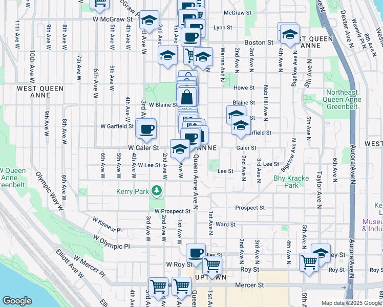map of restaurants, bars, coffee shops, grocery stores, and more near in Seattle
