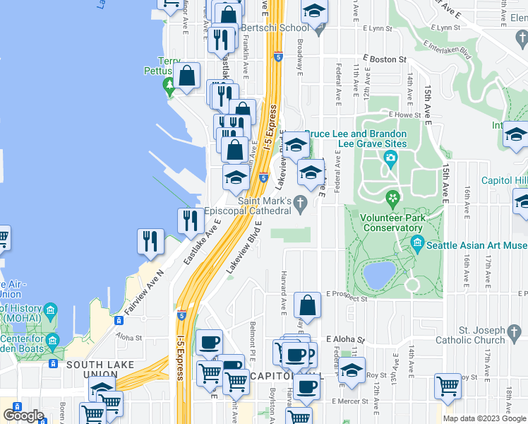map of restaurants, bars, coffee shops, grocery stores, and more near 1338 Lakeview Boulevard East in Seattle