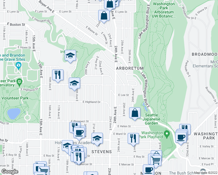 map of restaurants, bars, coffee shops, grocery stores, and more near 1259 23rd Avenue East in Seattle