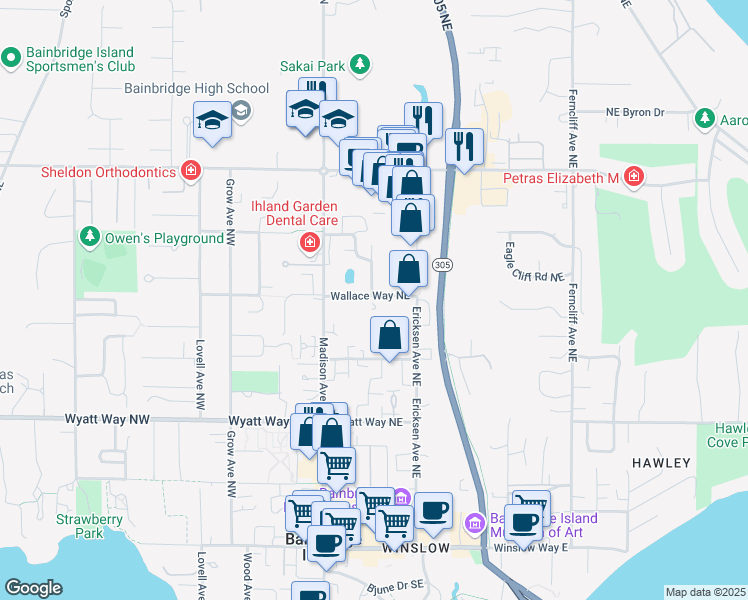 map of restaurants, bars, coffee shops, grocery stores, and more near 353 Wallace Way Northeast in Bainbridge Island