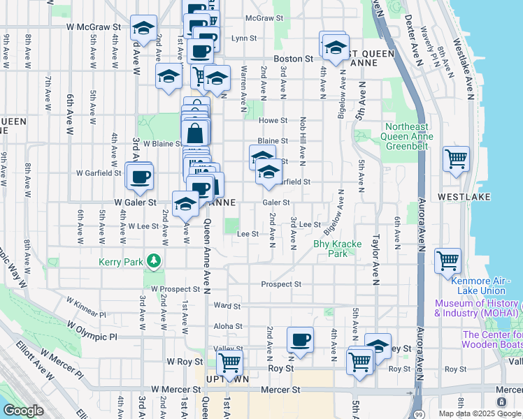 map of restaurants, bars, coffee shops, grocery stores, and more near 215 Galer Street in Seattle